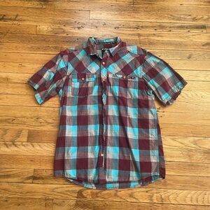 KAVU Button Up Short Sleeve- Burgundy and Blue